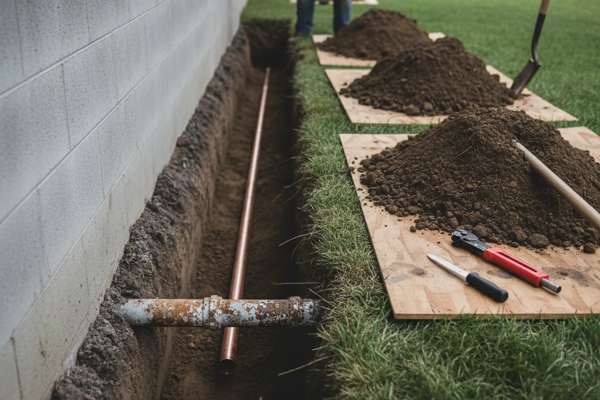 Excavated water line trench during Sewer Line Repair in Latta